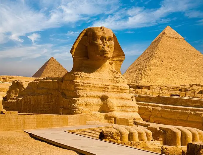The Sphinx and the Pyramids of Giza in Cairo
