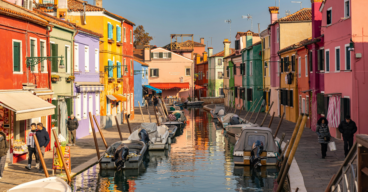 Colourful houses of Burano along the canal, Venice